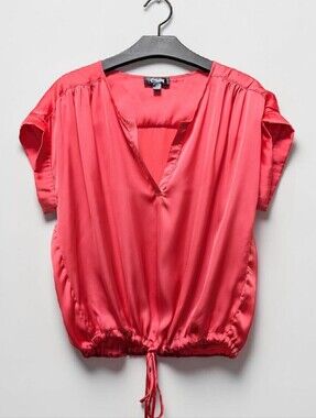 Hale Bob Coral Silk Look Blouse Drawstring Hem Flutter Sleeve V Neck Top Size S